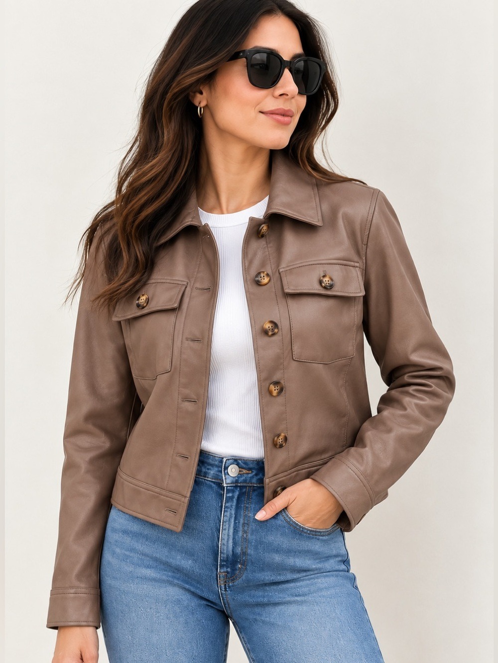 BAGATELLE COLLECTION TAUPE FAUX LEATHER TRUCKER JACKET Size S